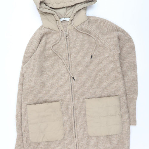 B. Coastline Women Beige Hooded Full Zip Wool Blend Cardigan M