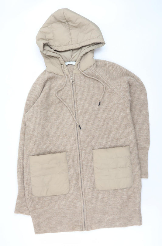 B. Coastline Women Beige Hooded Full Zip Wool Blend Cardigan M