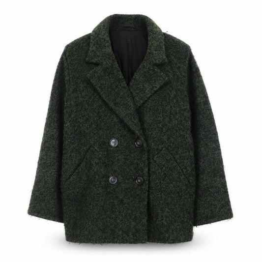 Front view of Topshop Women Green Wool Blend Pea Coat, size 8, Button Front