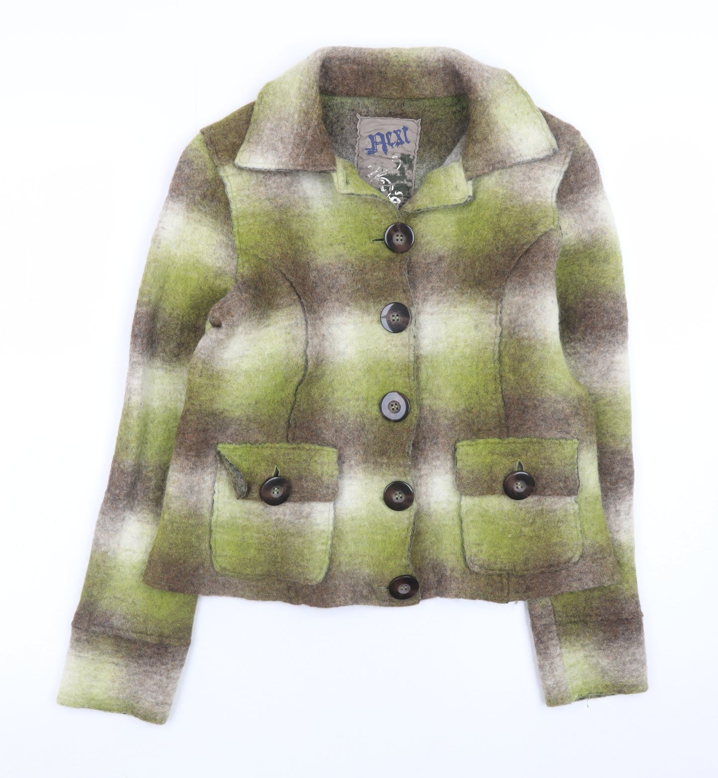 Next Women's Green Checked Wool Blend Button Jacket Size 12