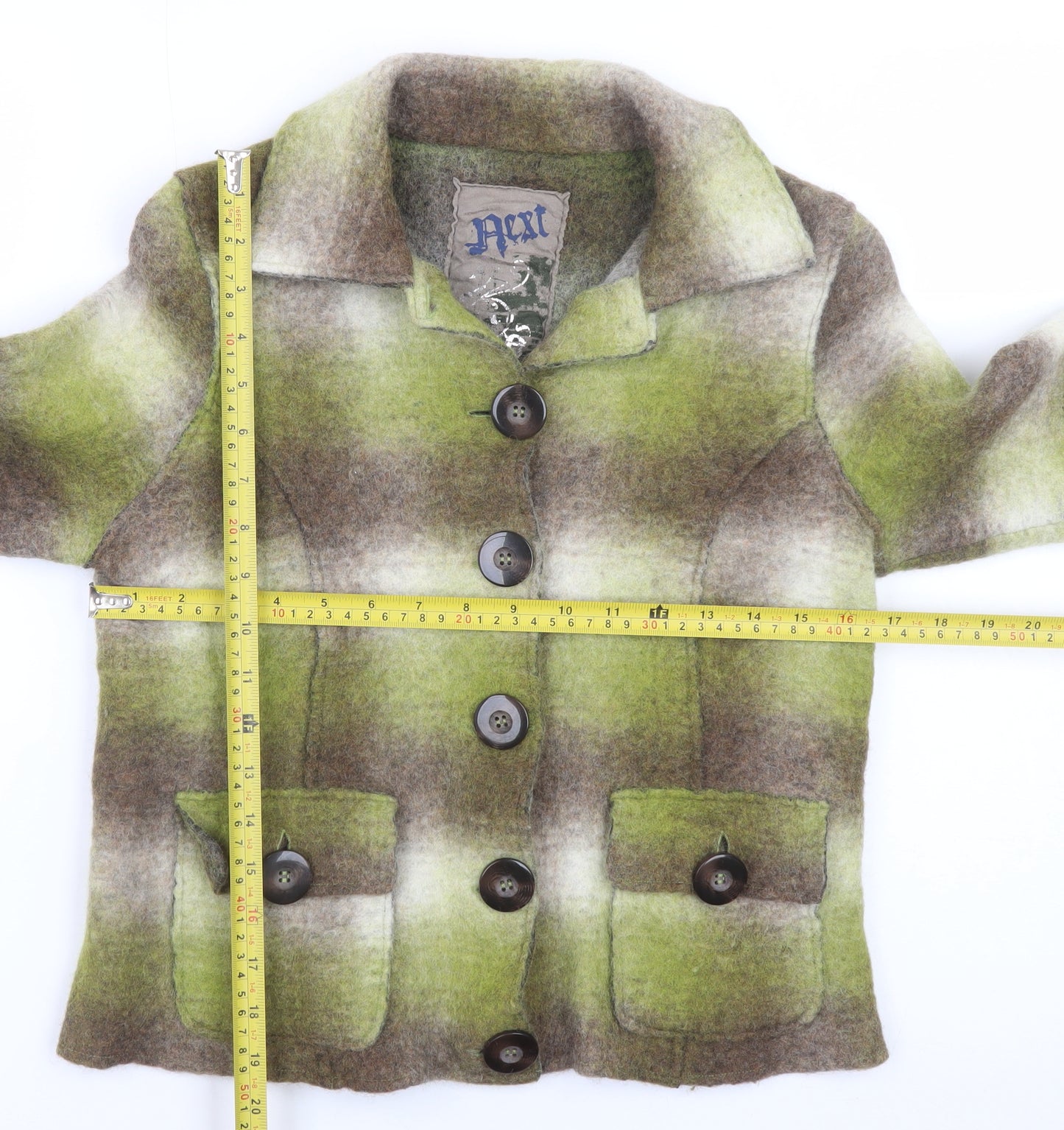 Next Women's Green Checked Wool Blend Button Jacket Size 12