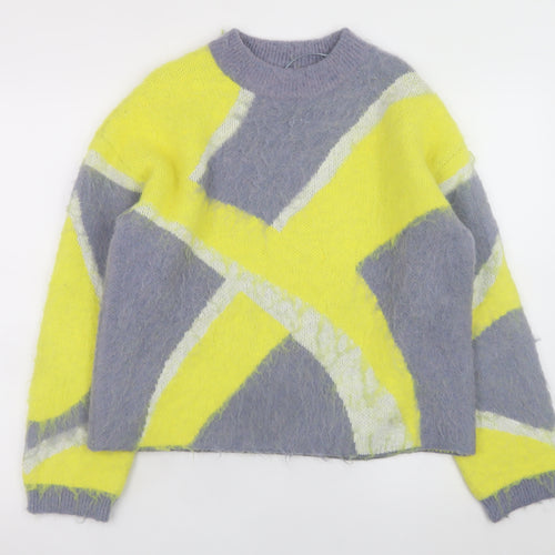 ZARA Womens Grey Yellow Pullover Jumper Size S Soft Knit Geometric Pattern