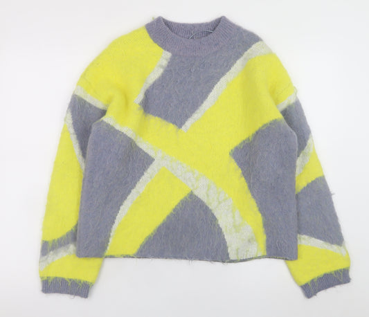 ZARA Womens Grey Yellow Pullover Jumper Size S Soft Knit Geometric Pattern