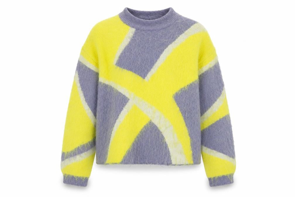 Front view of Zara women’s grey yellow jumper, size S, soft knit geometric pattern