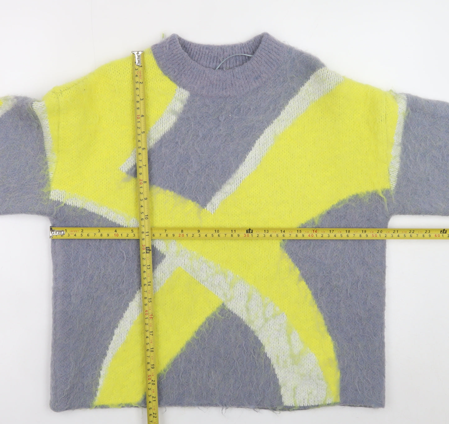 ZARA Womens Grey Yellow Pullover Jumper Size S Soft Knit Geometric Pattern
