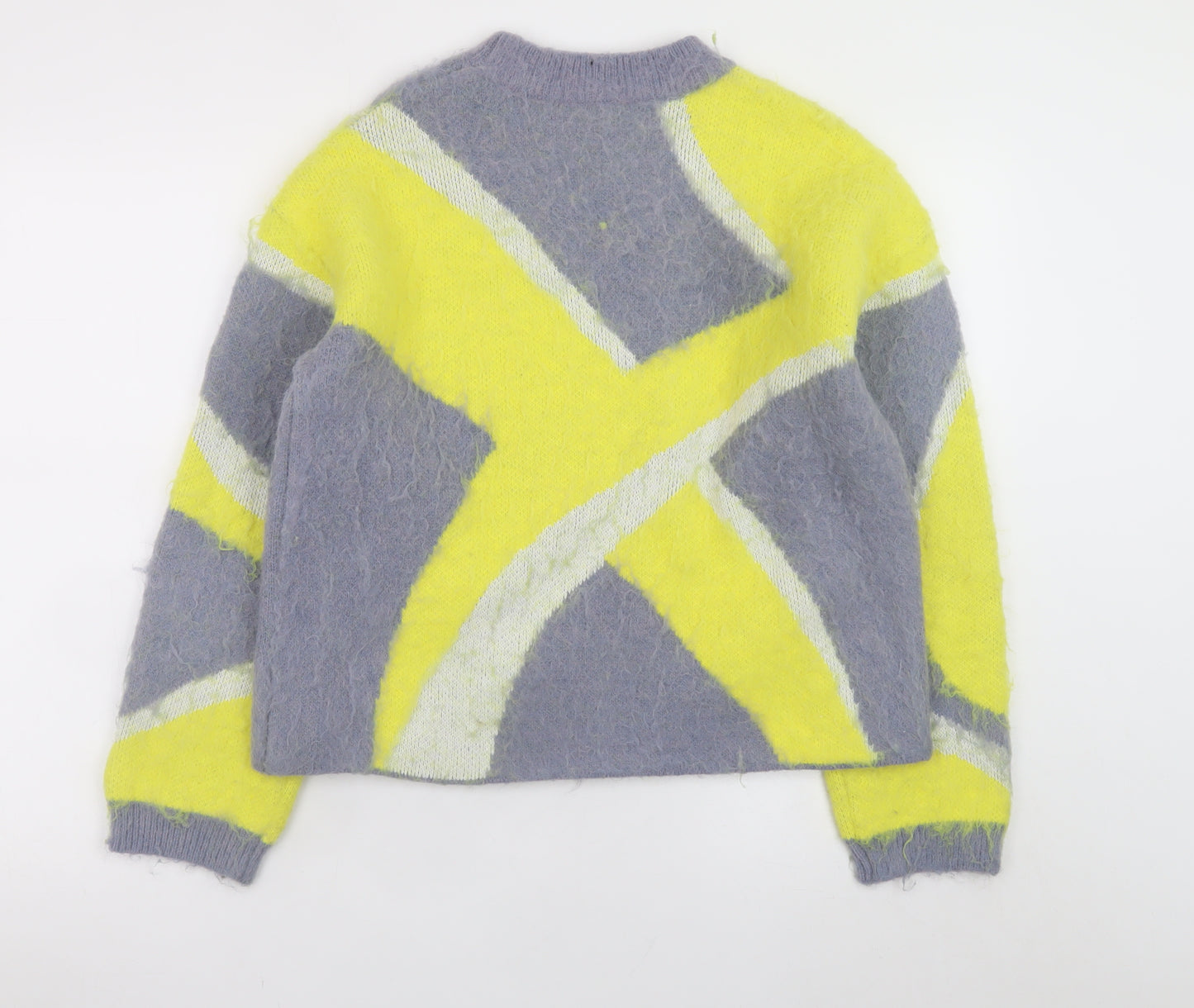 ZARA Womens Grey Yellow Pullover Jumper Size S Soft Knit Geometric Pattern
