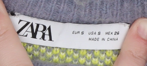 ZARA Womens Grey Yellow Pullover Jumper Size S Soft Knit Geometric Pattern
