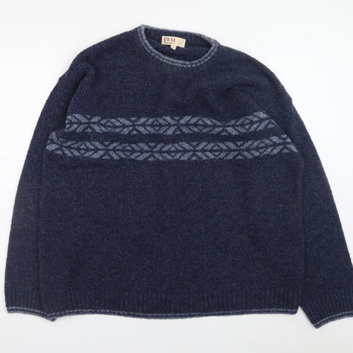 EWM Men's Blue Fair Isle Wool Blend Crew Neck Jumper Size L