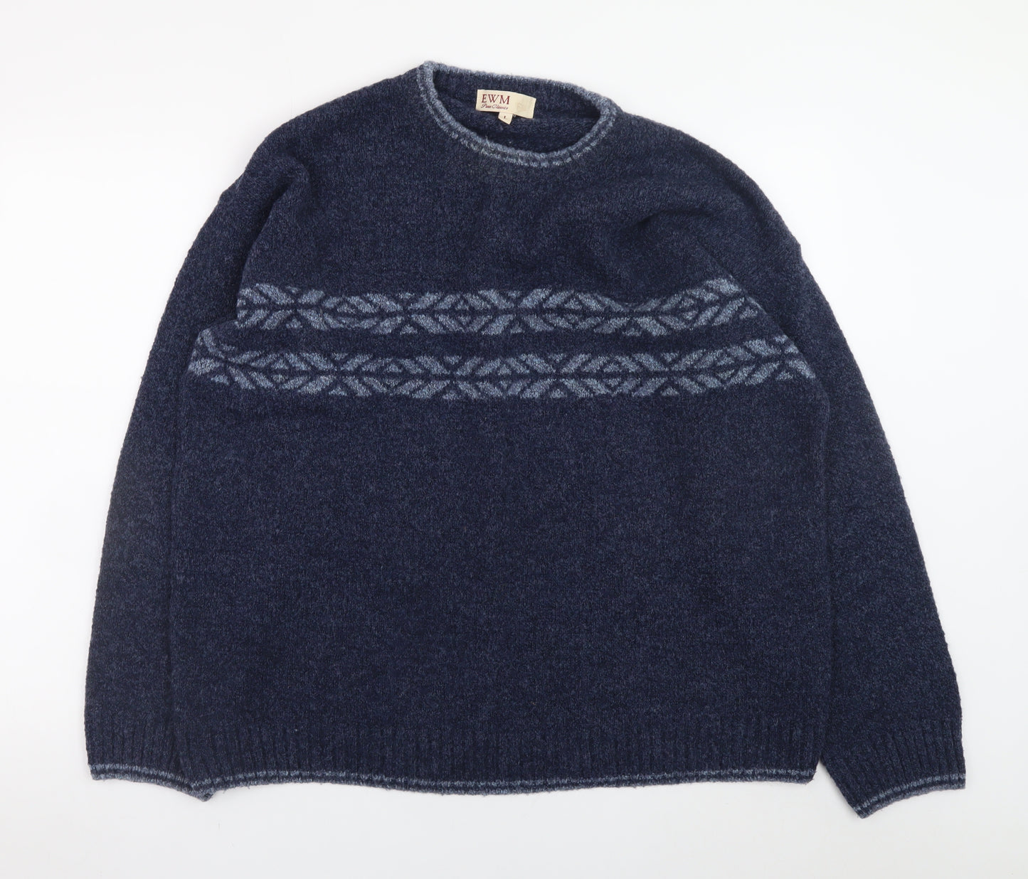 EWM Men's Blue Fair Isle Wool Blend Crew Neck Jumper Size L