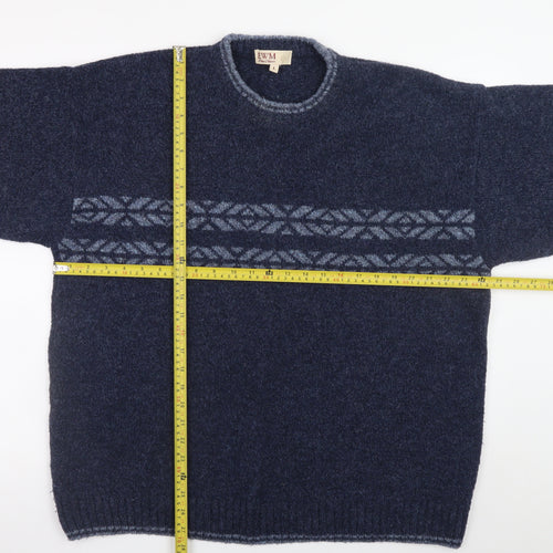 EWM Men's Blue Fair Isle Wool Blend Crew Neck Jumper Size L