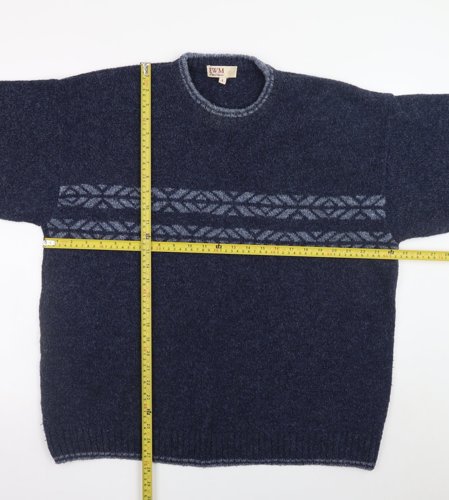 EWM Men's Blue Fair Isle Wool Blend Crew Neck Jumper Size L