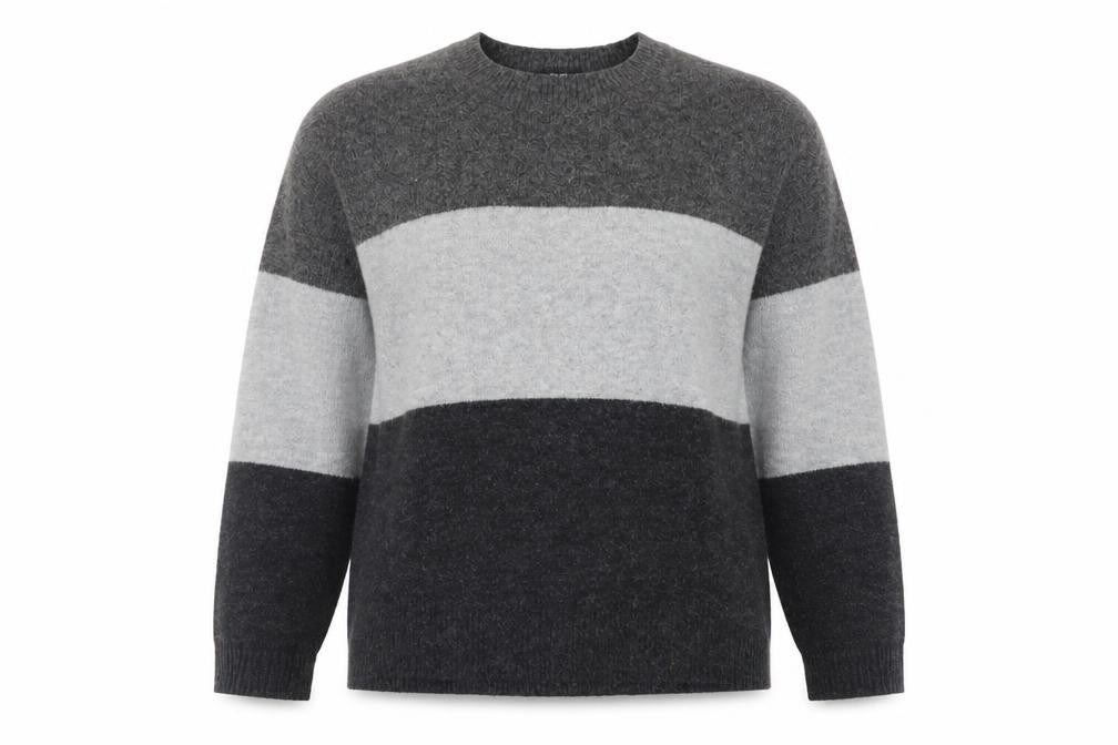 Front view of Uniqlo women’s grey striped crew neck wool blend jumper, size M