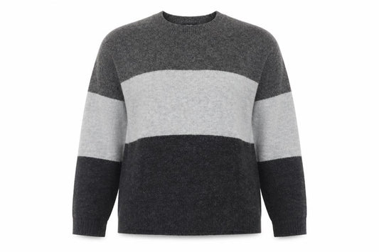Front view of Uniqlo women’s grey striped crew neck wool blend jumper, size M