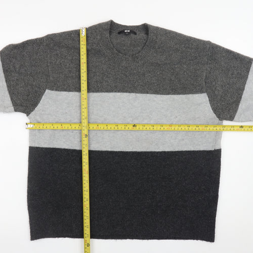 UNIQLO Womens Grey Striped Crew Neck Wool Blend Jumper Size M