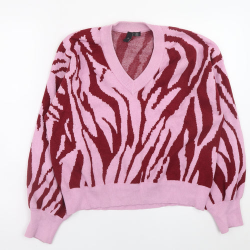 Y.A.S Women’s Pink Animal Print V-Neck Pullover Jumper XL