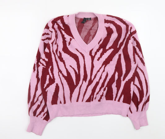 Y.A.S Women’s Pink Animal Print V-Neck Pullover Jumper XL