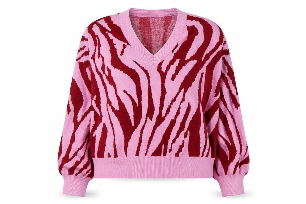 Y.A.S Women’s Pink Animal Print V-Neck Pullover Jumper XL