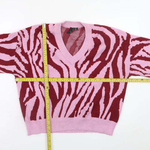 Y.A.S Women’s Pink Animal Print V-Neck Pullover Jumper XL
