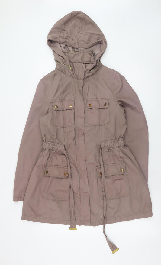 H&M Women Brown Hooded Parka Jacket Size 10 Cotton Blend
