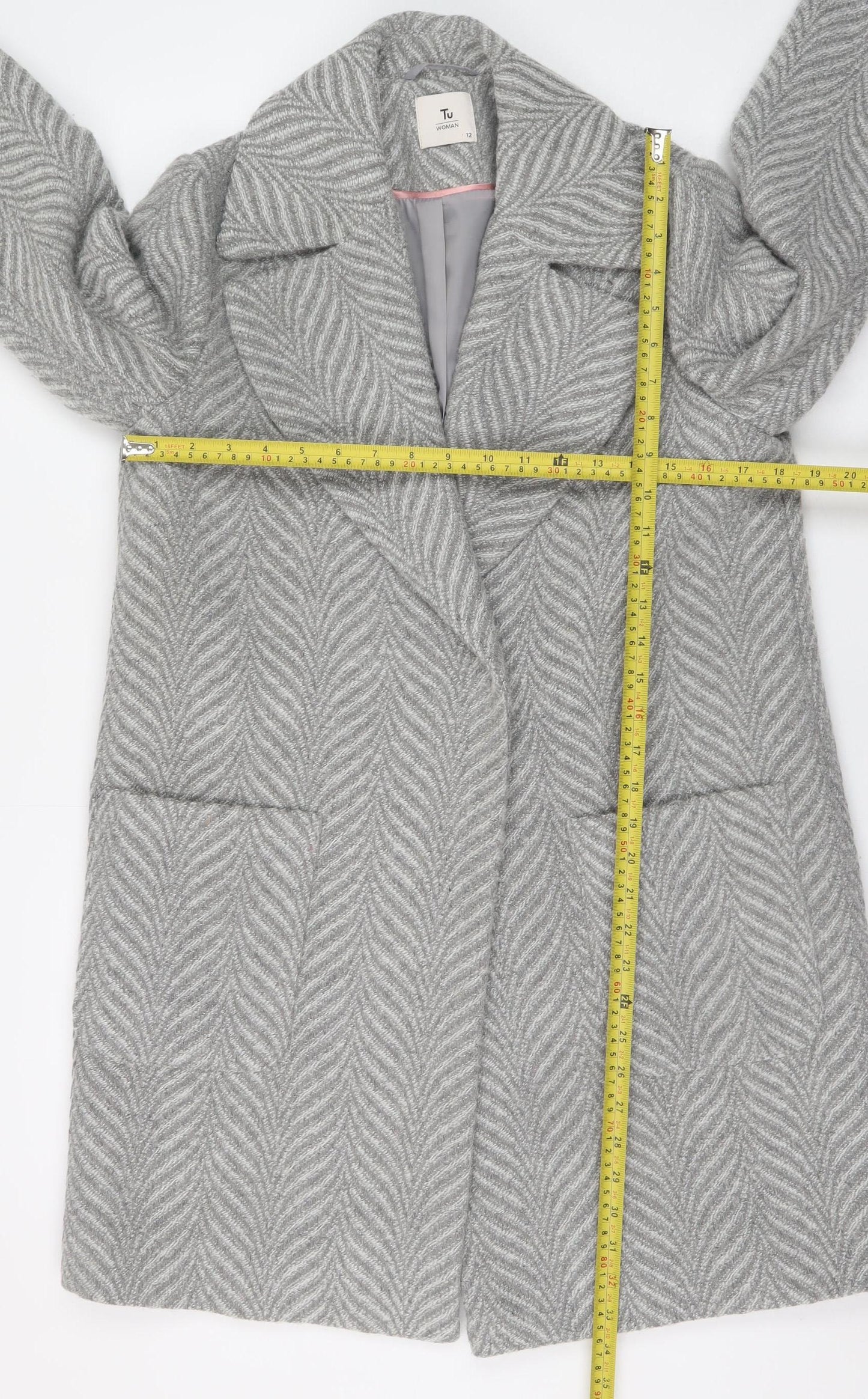 Tu Women Grey Herringbone Wool Blend Mid-Length Overcoat Size 12