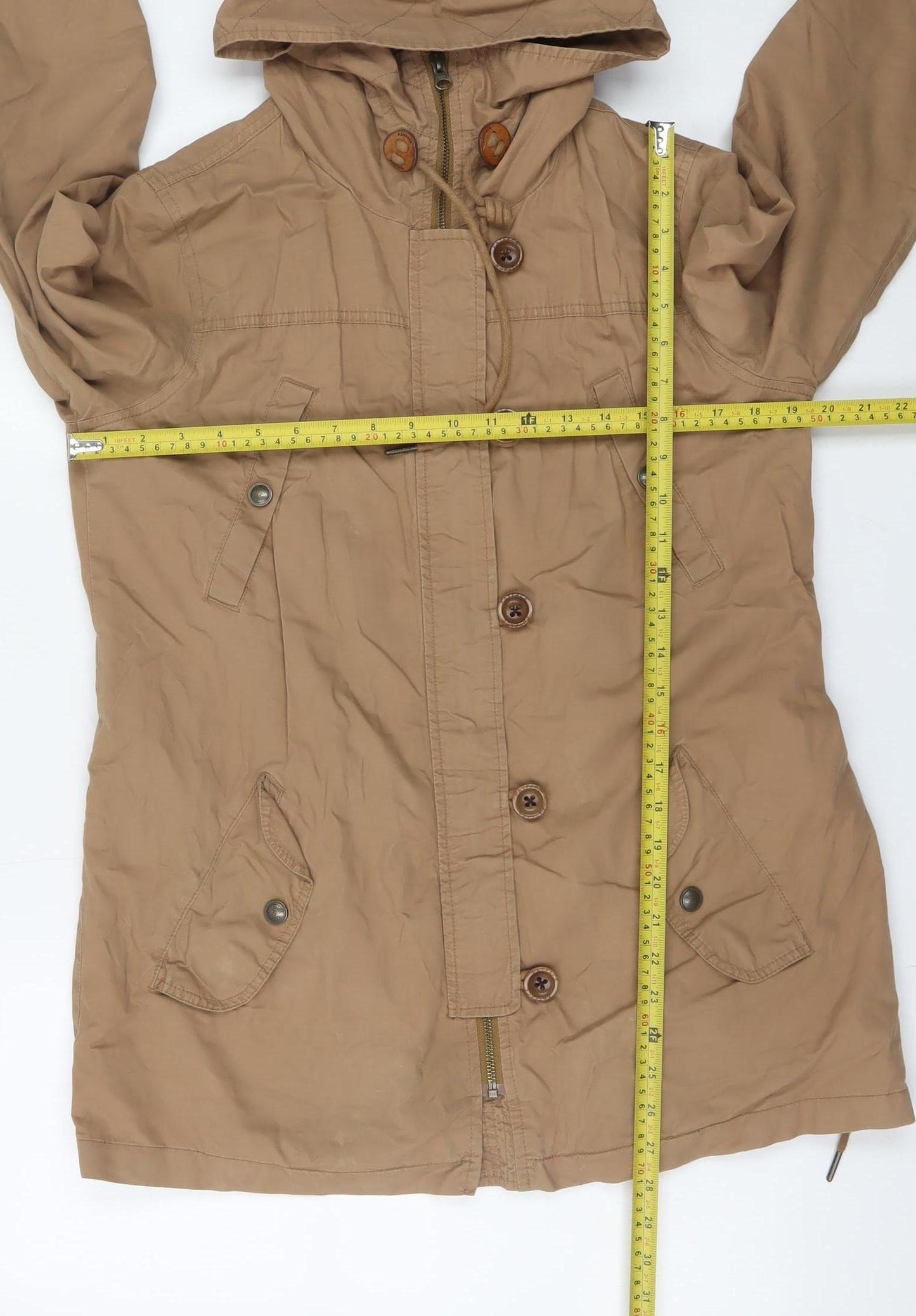 Fat Face Womens Beige Hooded Parka Coat Size 10 Cotton Mid-Length