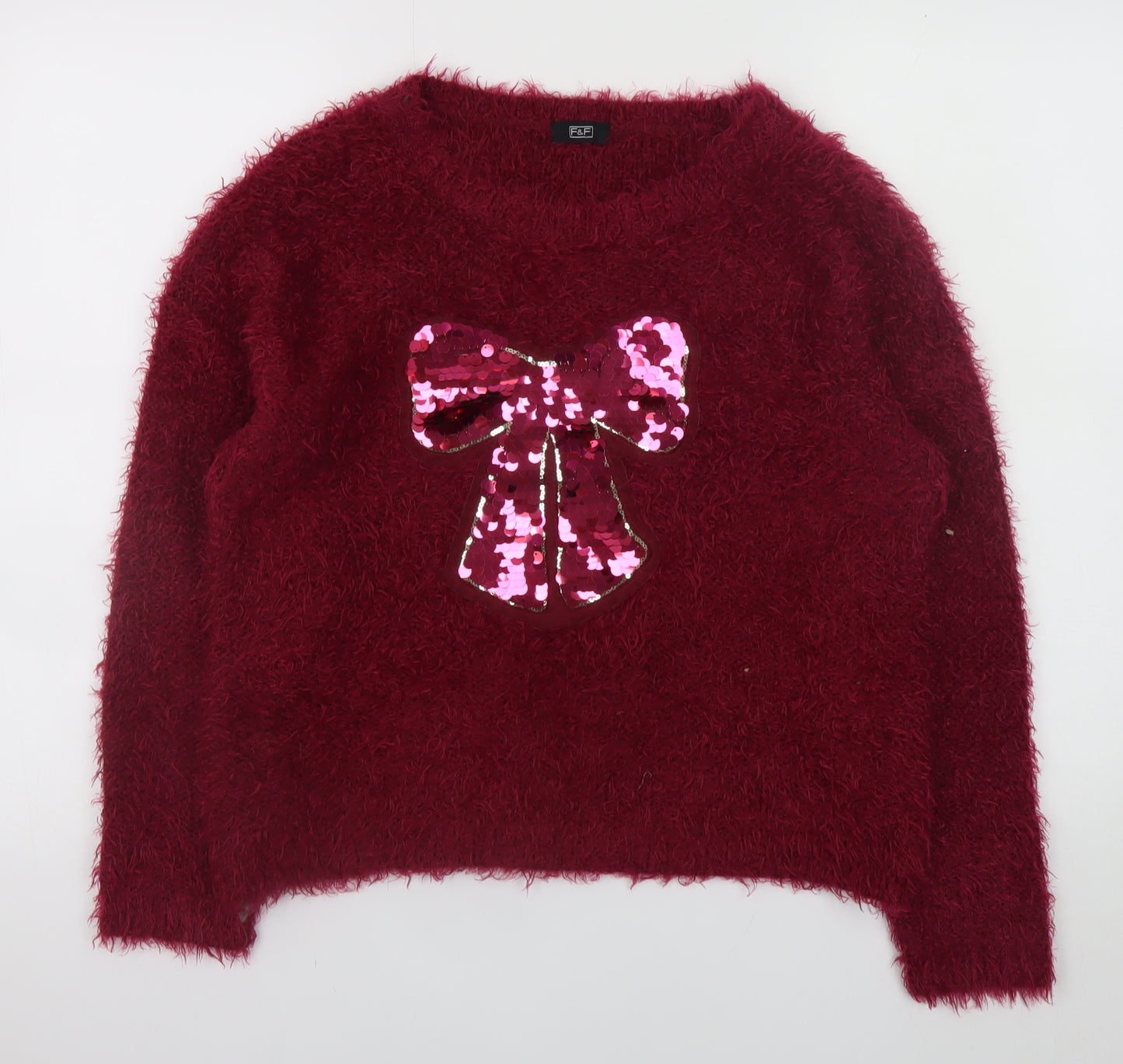 F&F Womens Red Sequin Bow Fluffy Pullover Jumper Size 14