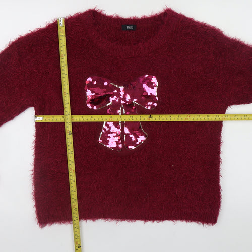 F&F Womens Red Sequin Bow Fluffy Pullover Jumper Size 14