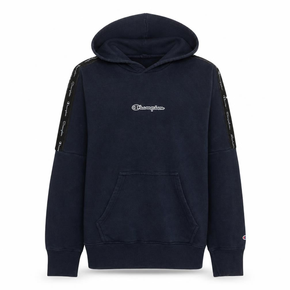 Front view of Champion Men's Blue Pullover Hoodie Medium Logo Fleece Sweatshirt