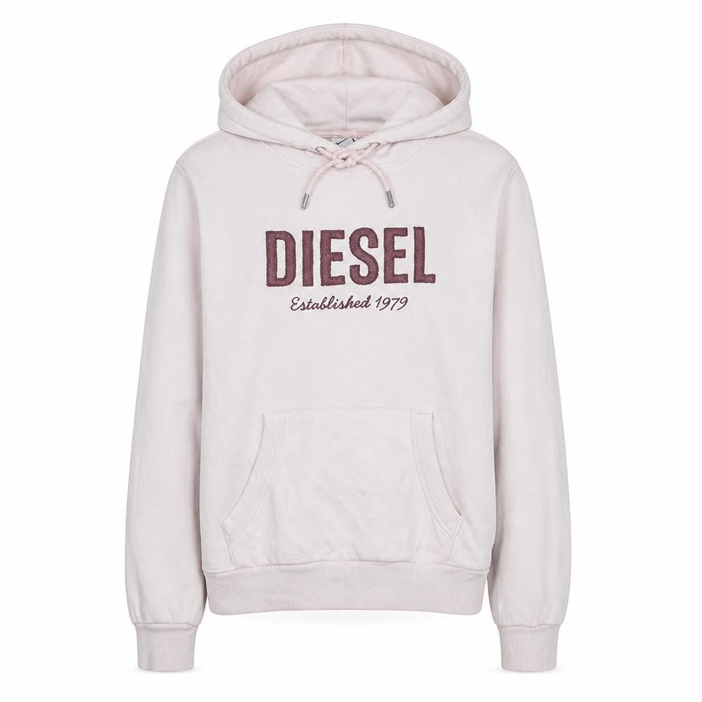 Front view of Diesel women’s beige small pullover hoodie with logo embroidery