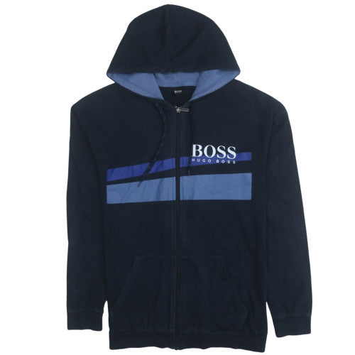 Hugo Boss Men Blue M Full Zip Hoodie Logo Graphic Cotton Blend