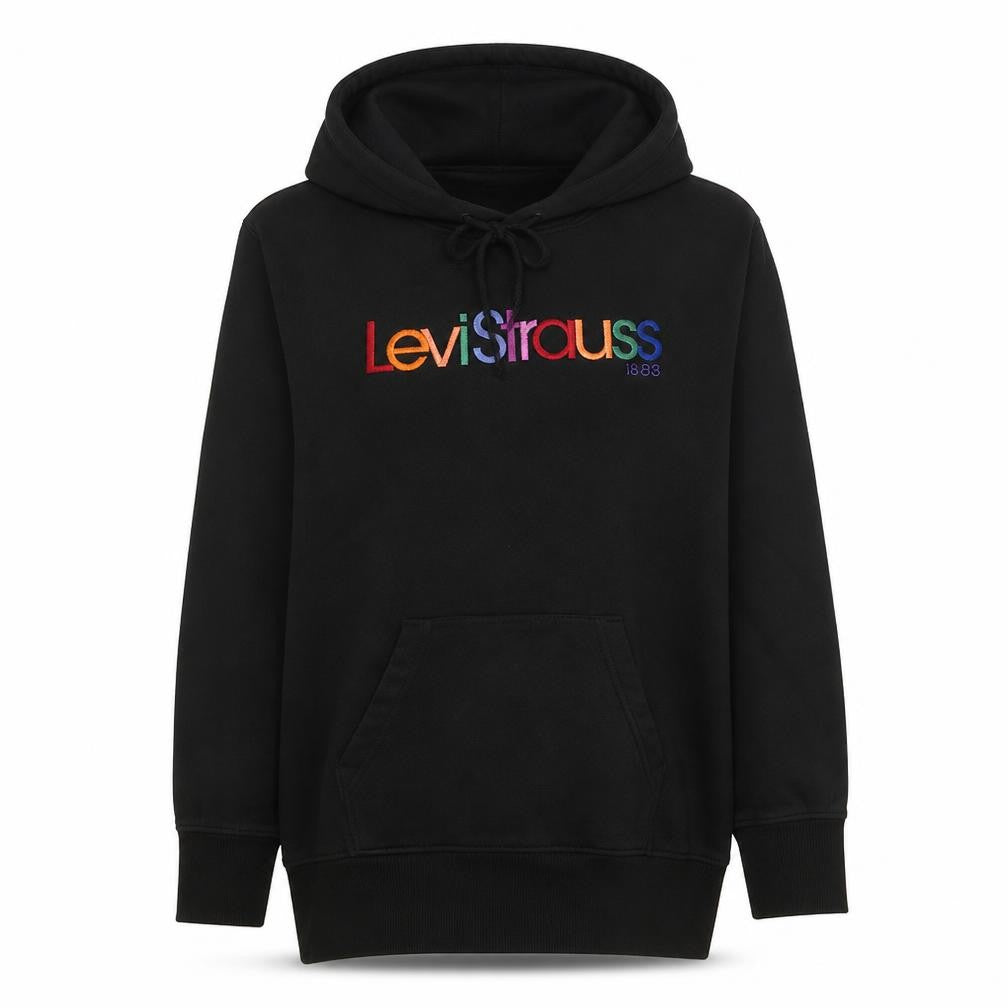 Front view of Levi Strauss women’s black xs pullover hoodie with rainbow logo