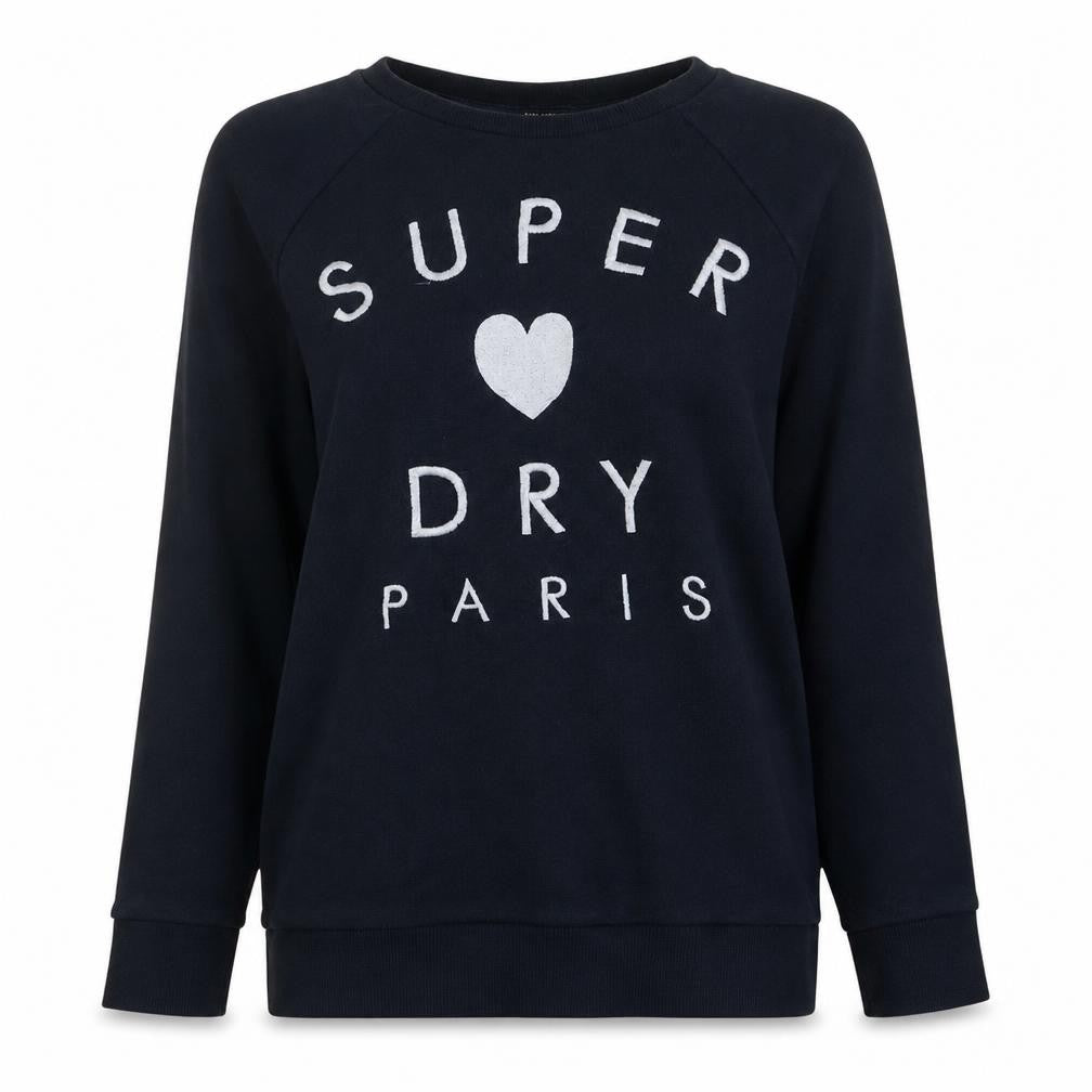 Front view of Superdry Women Navy Blue Paris Logo Pullover Sweatshirt, size M