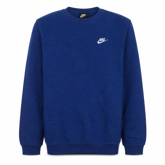 Front view of Nike men’s blue crew neck pullover sweatshirt, size S, regular fit