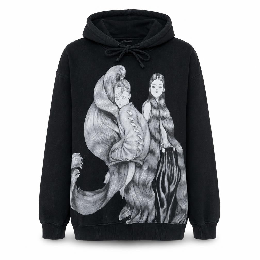 Front view of Zara Women Black Pullover Hoodie Graphic Print Long Sleeve, size L