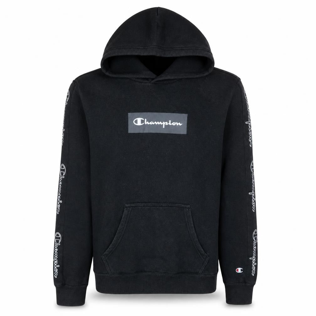 Front view of Champion Men's Black XS Pullover Hoodie with Logo Graphic