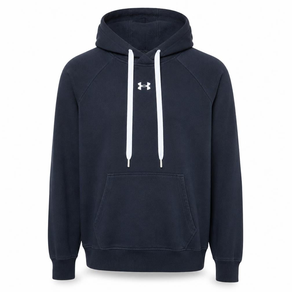 Front view of Under Armour men’s black m pullover hoodie cotton blend loose fit
