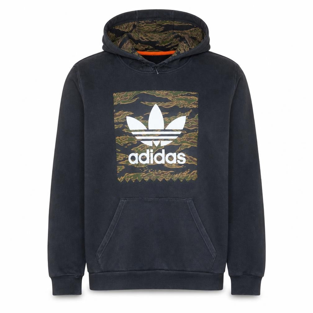 Front view of Adidas men’s black pullover hoodie m fleece graphic logo sweatshirt