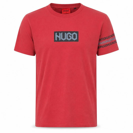 Front view of Hugo Boss men’s red logo crew neck short sleeve t-shirt, size L