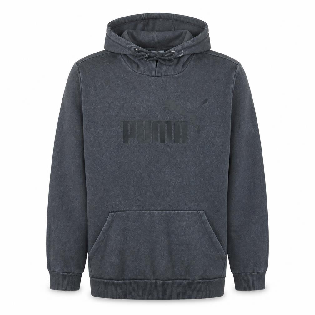 Front view of Puma Men's Grey Pullover Hoodie, size L, Logo Fleece Sweatshirt