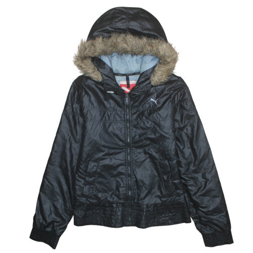 Puma Womens Black Faux Fur Hooded Bomber Jacket Size 10