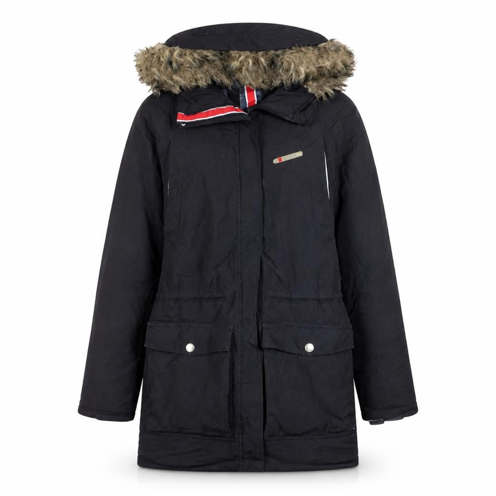 Front view of Helly Hansen Women's Black Fur Trim Hooded Parka Coat, size M