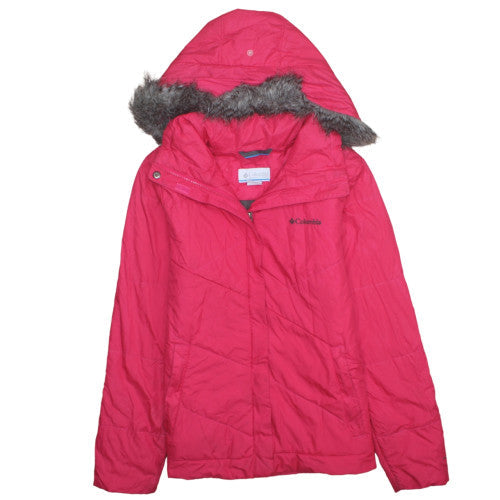 Columbia Womens Pink Hooded Puffer Jacket M Faux Fur Trim Winter