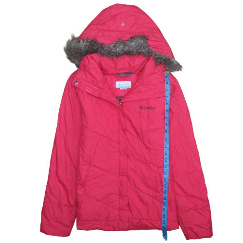 Columbia Womens Pink Hooded Puffer Jacket M Faux Fur Trim Winter