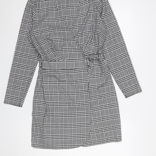 Miss Selfridge Women Black Check Wrap Dress Size 10 Long Sleeve