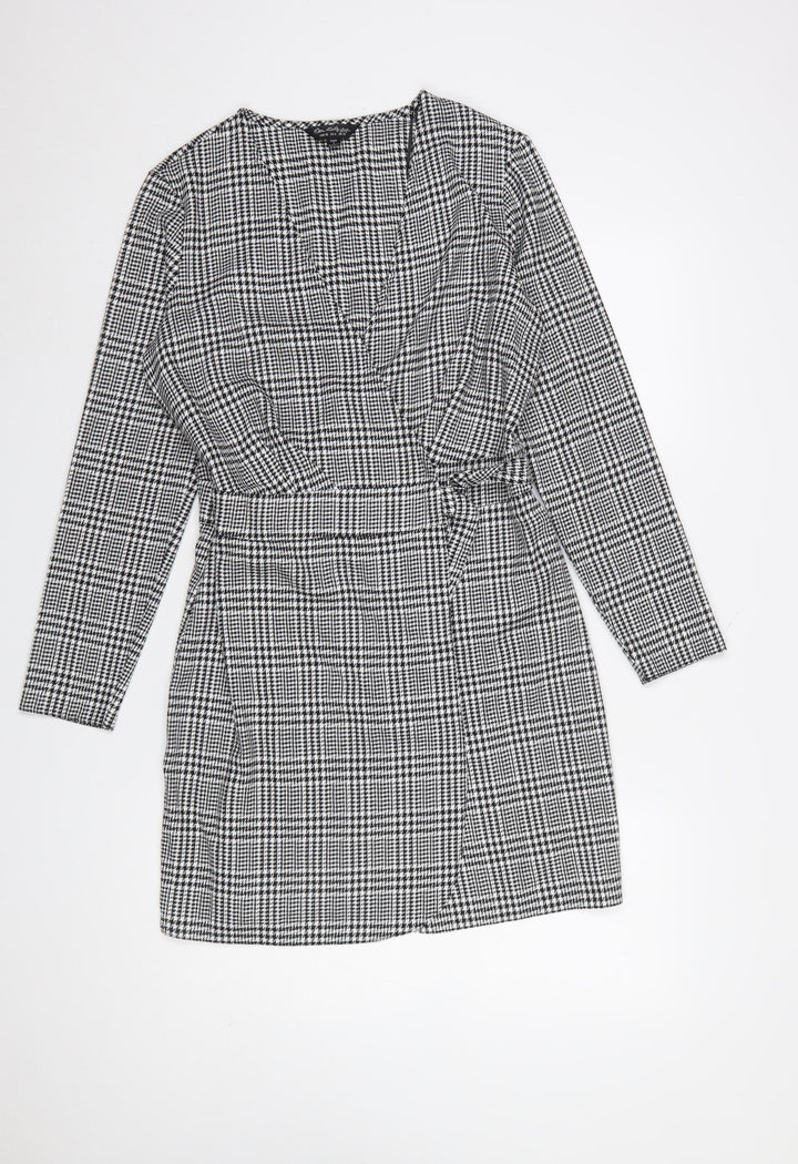 Miss Selfridge Women Black Check Wrap Dress Size 10 Long Sleeve