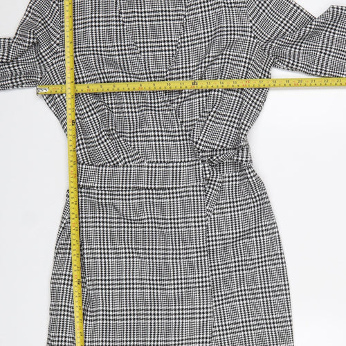 Miss Selfridge Women Black Check Wrap Dress Size 10 Long Sleeve