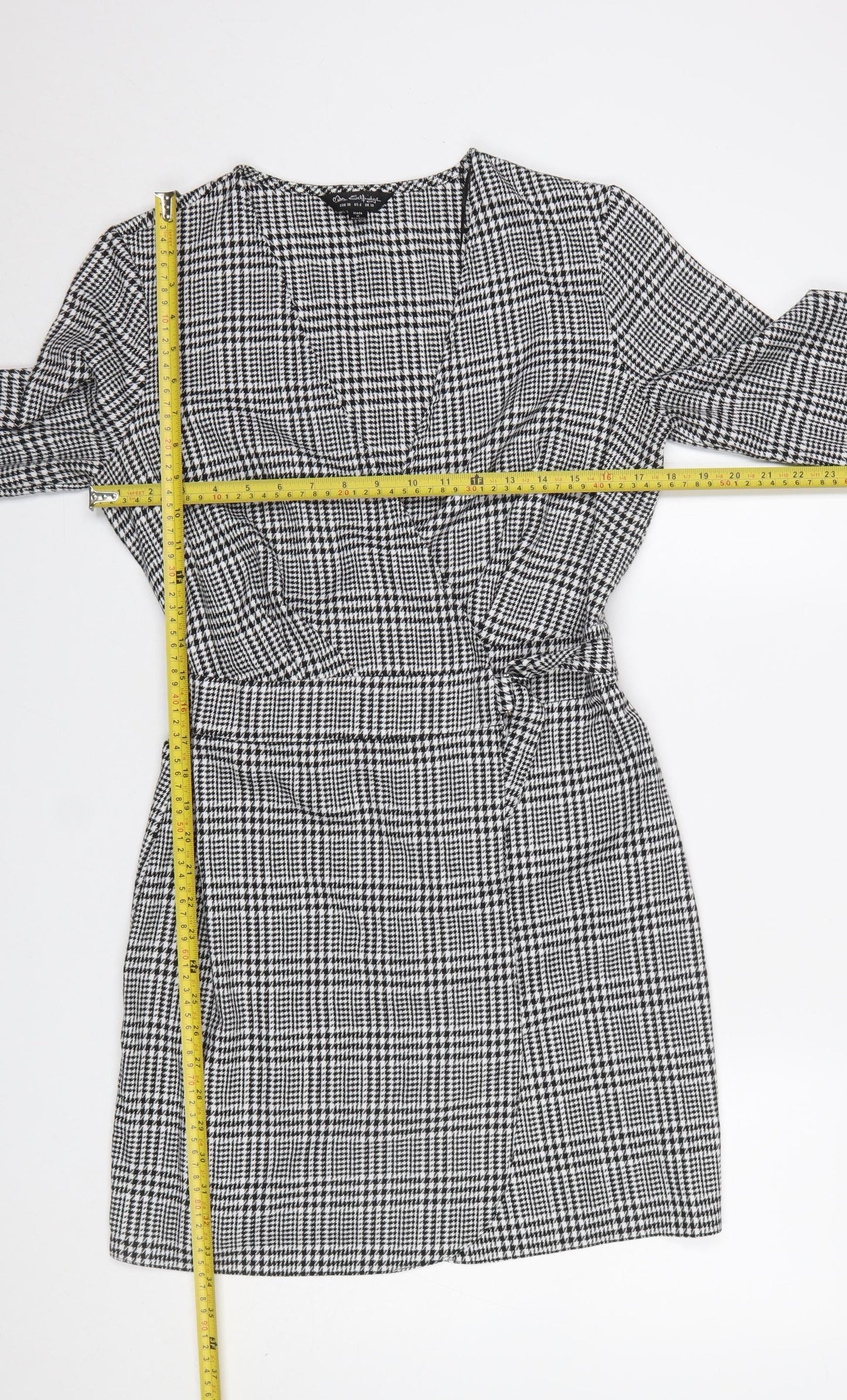 Miss Selfridge Women Black Check Wrap Dress Size 10 Long Sleeve