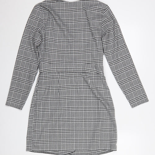 Miss Selfridge Women Black Check Wrap Dress Size 10 Long Sleeve