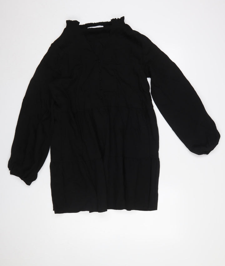 Zara Women Black V-Neck Long Sleeve Shift Dress Size 12