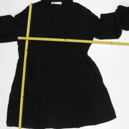 Zara Women Black V-Neck Long Sleeve Shift Dress Size 12